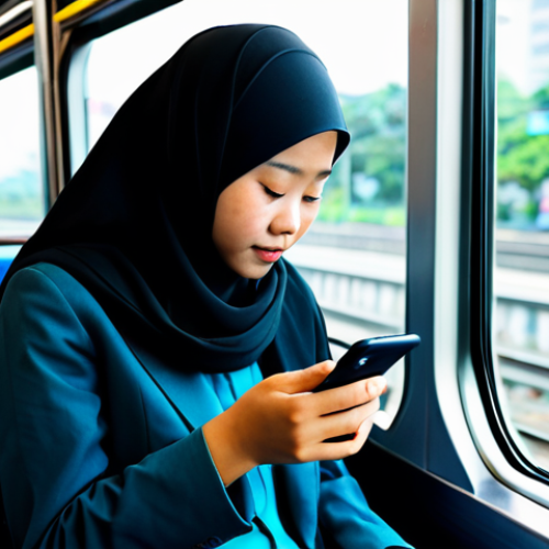 A young Malaysian woman, fully clothed in modest, comfortable casual attire, sits in a modern LRT (Light Rail Transit) train. She is fully focused on her smartphone, which displays an online course or digital textbook, held in a natural pose with well-formed hands and proper finger count. Blurred city lights of Kuala Lumpur are visible outside the window, suggesting a dynamic urban environment. The scene is captured with bright, natural lighting, conveying a calm and productive atmosphere. This is a professional photograph, high-resolution, with sharp focus on the subject, showcasing perfect anatomy, correct proportions, and natural body proportions, safe for work, appropriate content, modest, family-friendly.