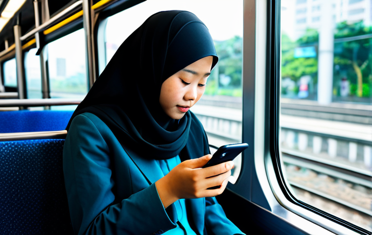 A young Malaysian woman, fully clothed in modest, comfortable casual attire, sits in a modern LRT (Light Rail Transit) train. She is fully focused on her smartphone, which displays an online course or digital textbook, held in a natural pose with well-formed hands and proper finger count. Blurred city lights of Kuala Lumpur are visible outside the window, suggesting a dynamic urban environment. The scene is captured with bright, natural lighting, conveying a calm and productive atmosphere. This is a professional photograph, high-resolution, with sharp focus on the subject, showcasing perfect anatomy, correct proportions, and natural body proportions, safe for work, appropriate content, modest, family-friendly.