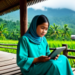 A young Malaysian student, fully clothed in modest, traditional attire, sitting comfortably on the wooden porch of a kampong house. They are attentively engaged with a tablet, displaying a clear, bright online lesson. Lush green tropical foliage and a glimpse of distant hills form the serene, natural background. The scene emphasizes accessible education for all, bridging geographical gaps in Malaysia. safe for work, appropriate content, fully clothed, family-friendly, perfect anatomy, correct proportions, well-formed hands, proper finger count, natural body proportions, natural pose, professional photography, high quality, vibrant colors.