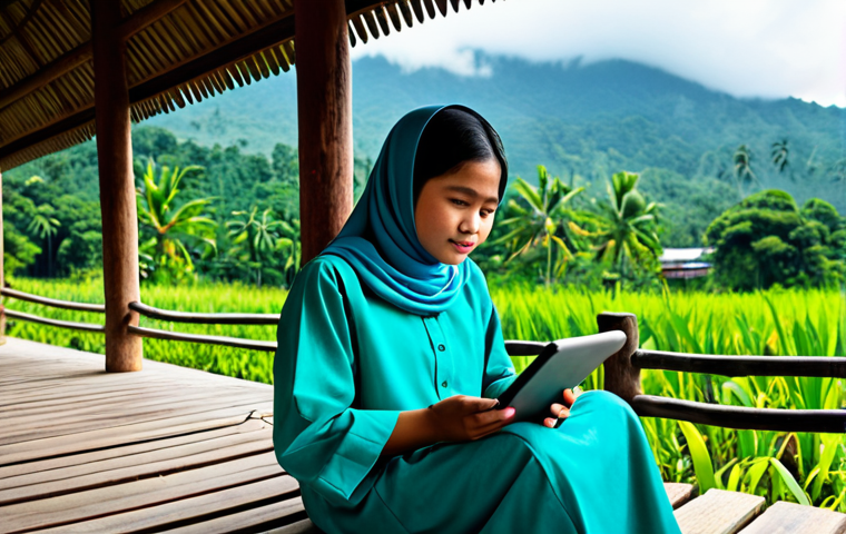 A young Malaysian student, fully clothed in modest, traditional attire, sitting comfortably on the wooden porch of a kampong house. They are attentively engaged with a tablet, displaying a clear, bright online lesson. Lush green tropical foliage and a glimpse of distant hills form the serene, natural background. The scene emphasizes accessible education for all, bridging geographical gaps in Malaysia. safe for work, appropriate content, fully clothed, family-friendly, perfect anatomy, correct proportions, well-formed hands, proper finger count, natural body proportions, natural pose, professional photography, high quality, vibrant colors.