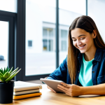 **

A young woman sitting at a desk in a brightly lit, modern co-working space. She is fully clothed in a modest, stylish casual outfit, focused on a tablet displaying a language learning application. The application features gamified elements with vibrant colors and encouraging messages. Books and a cheerful succulent plant are on her desk.  Background includes blurred images of other people working diligently.  Safe for work, appropriate content, professional, digital illustration, perfect anatomy, well-formed hands, natural pose, high quality.

**