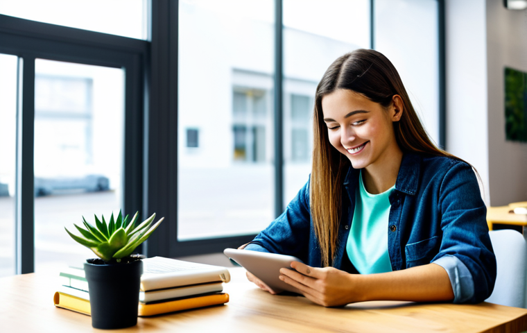 **

A young woman sitting at a desk in a brightly lit, modern co-working space. She is fully clothed in a modest, stylish casual outfit, focused on a tablet displaying a language learning application. The application features gamified elements with vibrant colors and encouraging messages. Books and a cheerful succulent plant are on her desk.  Background includes blurred images of other people working diligently.  Safe for work, appropriate content, professional, digital illustration, perfect anatomy, well-formed hands, natural pose, high quality.

**